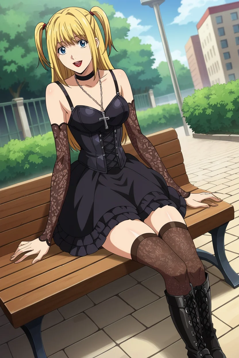 score_9, score_8_up, score_7_up, score_6_up, score_5_up,score_4_up BREAK official style, amane misa, 1girl,solo, cowboy shot, blonde hair, blue eyes, bangs, long hair,red lips,two side up,gothic,dress,black choker,black detached sleeves, cross necklace,black corset,black frilled skirt,gown,ribbon,black lace-up boots,black thighhighs, outdoors, building, brick road, bench, bush,tree,sitting,looking at viewer,smile,open mouth,medium breasts,dutch angle, <lora:MisaPony:1>