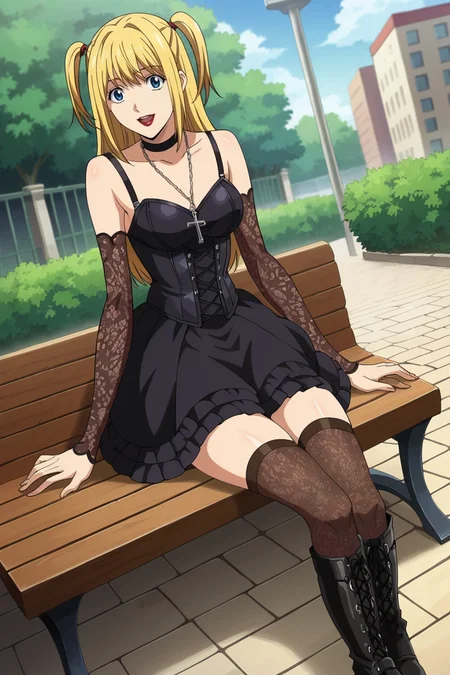 score_9, score_8_up, score_7_up, score_6_up, score_5_up,score_4_up BREAK official style, amane misa, 1girl,solo, cowboy shot, blonde hair, blue eyes, bangs, long hair,red lips,two side up,gothic,dress,black choker,black detached sleeves, cross necklace,black corset,black frilled skirt,gown,ribbon,black lace-up boots,black thighhighs, outdoors, building, brick road, bench, bush,tree,sitting,looking at viewer,smile,open mouth,medium breasts,dutch angle, <lora:MisaPony:1>