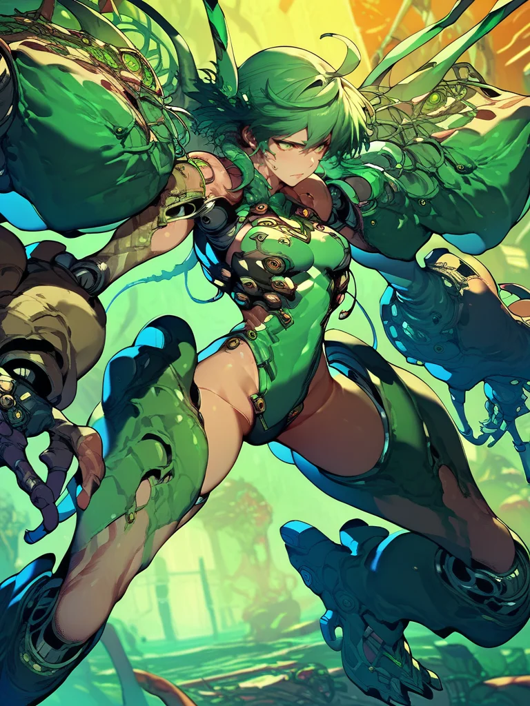 score_9,score_8_up,score_7_up,source_anime,1girl,<lora:bioexoskeleton:1>,exoskeleton,green hair,green eyes,
