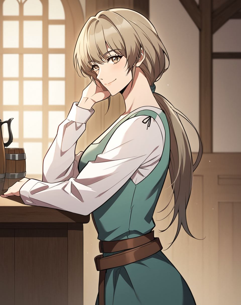 lena_priestess, light brown hair, long hair, light brown eyes, low ponytail, tied hair,  villager clothes, green dress, white sleeves, black belt, manhwa BREAK  indoors, medieval, tavern, BREAK looking at viewer, sexy face, sexy smile, closed mouth, cowboy shot BREAK score_9, score_8_up, score_7_up, source_anime ,zPDXL, perfect hand,  <lora:Lena:0.8>, solo, from side, hand near hair, adjusting hair, looking at side