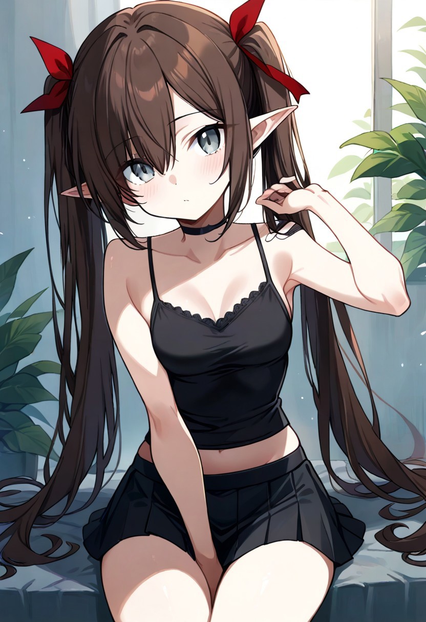score_9, k'ra, grey eyes, brown hair, twintails, red ribbons, black camisole, short black skirt, source_anime, ntm,