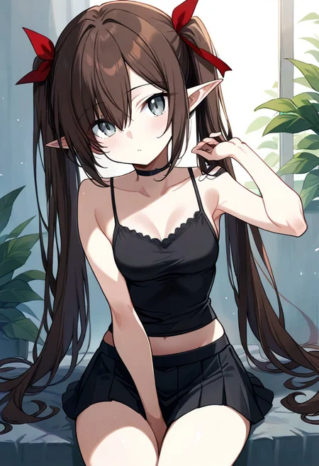 score_9, k'ra, grey eyes, brown hair, twintails, red ribbons, black camisole, short black skirt, source_anime, ntm,