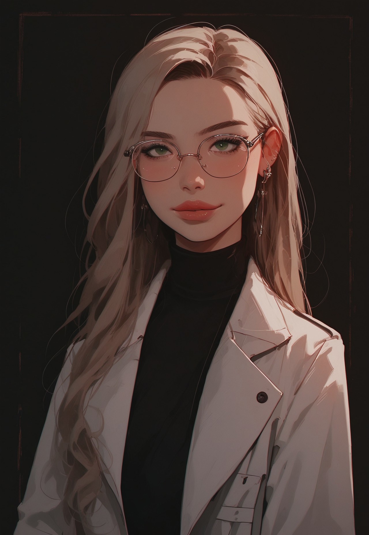 safe_pos, score_9, score_8_up, score_7_up, score_6_up, Expressiveh, very aesthetic, absurdres, highres, solo, laboratory assistant, intern, 1girl, green_eyes, round glasses, clipboard, cropped_legs, holding, holding_clipboard, hugging_clipboard, ((lab_coat)), white_lab_coat, light_blush, lips, smile dimples, college student, 18 years old, young, hime_cut, long_hair, blunt_bangs, blonde_hair, parted_lips, parted_bangs, latex_gloves, sleeves_rolled_up, goofy, gullible, shy, demure, awkward_smile, blushing, cute, looking_at_viewer, light blue shirt, collarbone, earrings, collared_shirt, pleated_skirt, leggings, bright laboratory background, 
cel shading art, hand-drawn graphic novel, beautiful color palette, perfect composition, cinematic, Concept art, good_hands, perfect hands.


