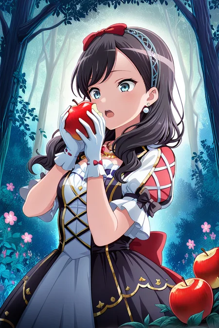masterpiece, best quality, amazing quality,
 <lora:Koharu_IL:1> koharu, 1girl, fruit, apple, food, gloves, solo, holding fruit, flower, jewelry, earrings, blue eyes, tree, open mouth, white gloves, black hair, holding, holding food, hairband, bow, short sleeves, long hair, hair bow, red bow, nature, dress