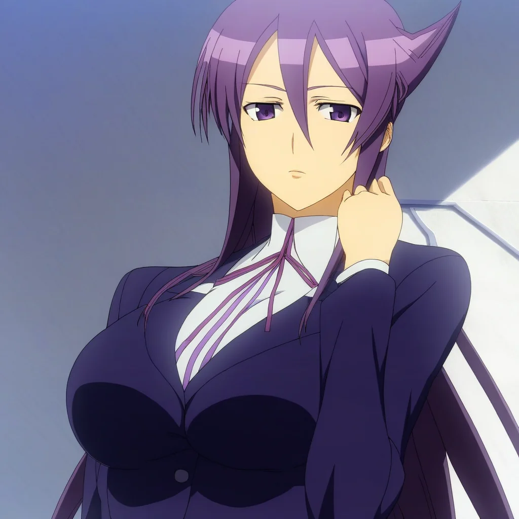 1girl, solo, Hizaki Chikage, long hair, purple hair, purple eyes, large breasts, hair between eyes, blazer,