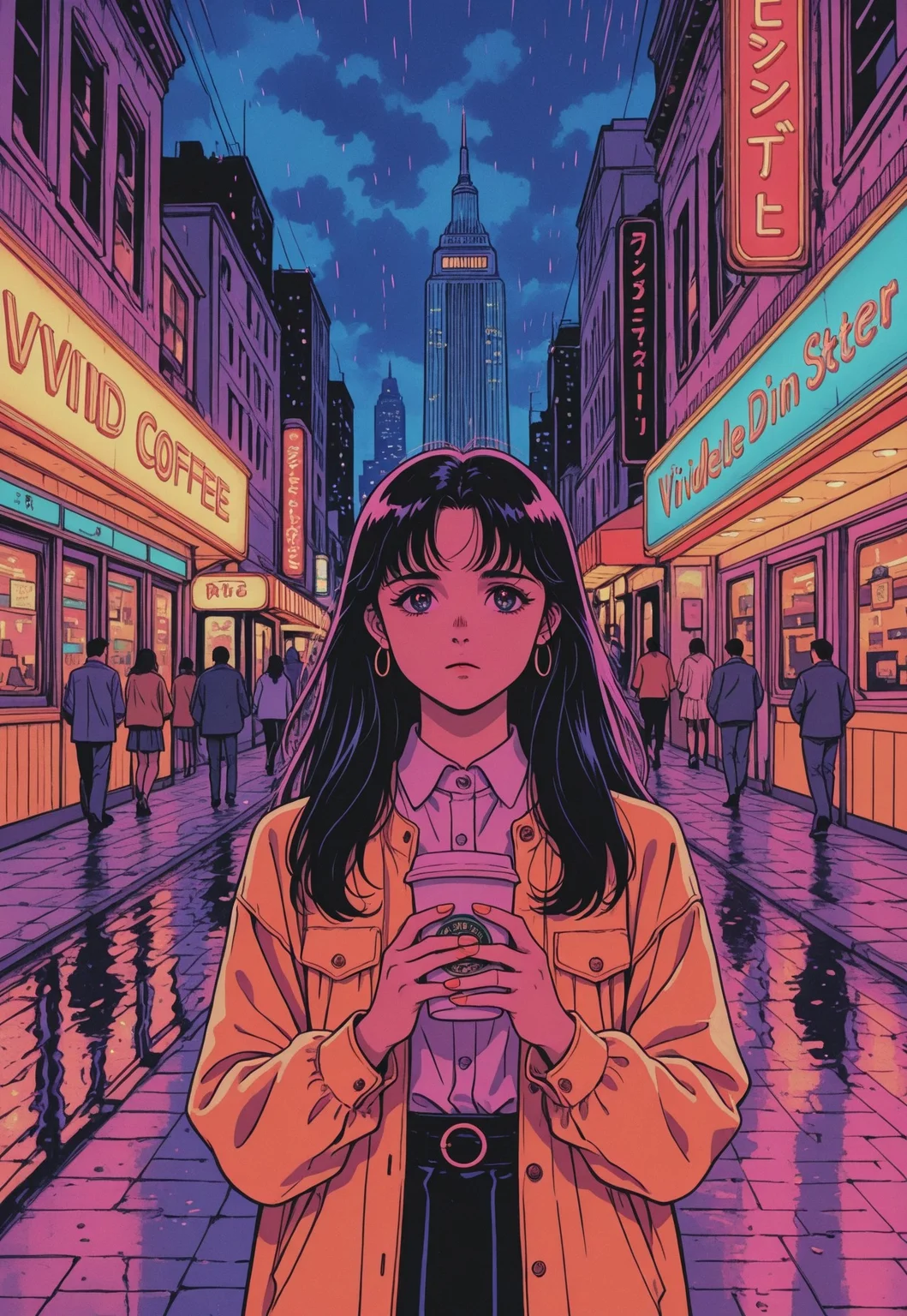 A young woman with long dark hair stands in the foreground of a neon-lit urban street, holding a coffee cup. Behind her, a man eats ramen inside a brightly lit diner. The Empire State Building looms in the background. Streets glisten with reflections from rain. Art style: cinematic anime realism, vivid neon palette, detailed reflections and lifelike faces with a polished, painterly texture.
