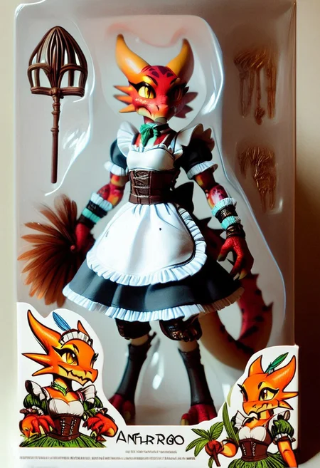 score_9, score_8_up, score_8, toy packaging, action figure, 1girl, solo, Kobold, furry dragon, tail, short stature, maid outfit, feather duster