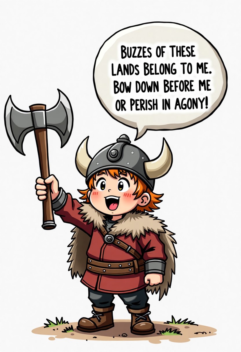 Drawing style image. A little kid wearing a horned Viking helmet and a miniature version of Viking clothing is holding a small axe. He raises the axe above his head and childishly “menacingly” shouts towards the viewer in speach bubble, “Buzzes of these lands belong to me. Bow down before me or perish in agony!”. The child's words are indicated in a speach bubble.