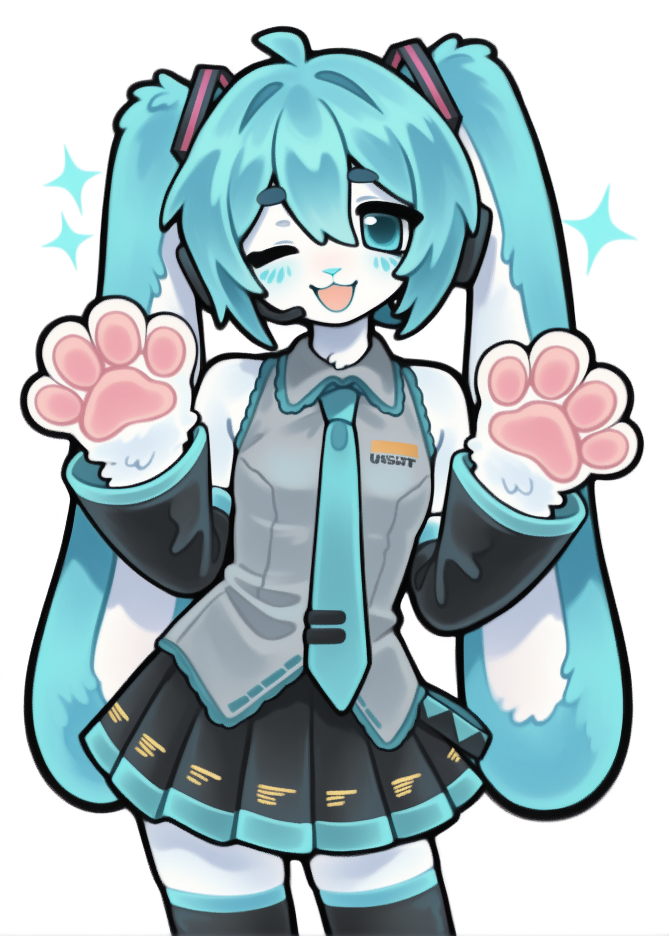 1girl, solo, hatsune miku, usamiku,

aqua eyes, necktie, grey shirt, shirt, detached sleeves, aqua hair, black sleeves, skirt, headset, collared shirt, pleated skirt, thighhighs, hair between eyes,

animal hands, white fur, rabbit ears,
:3, rabbit girl, animal nose, body fur, white fur,
furry female, furrification, 

cowboy shot, one eye closed, zettai ryouiki, sparkle,

open mouth, smile, looking at viewer, looking at viewer, white background,

safe, newset, omufujoshi, black outline, thick outlines, 
masterpiece, best quality, amazing quality