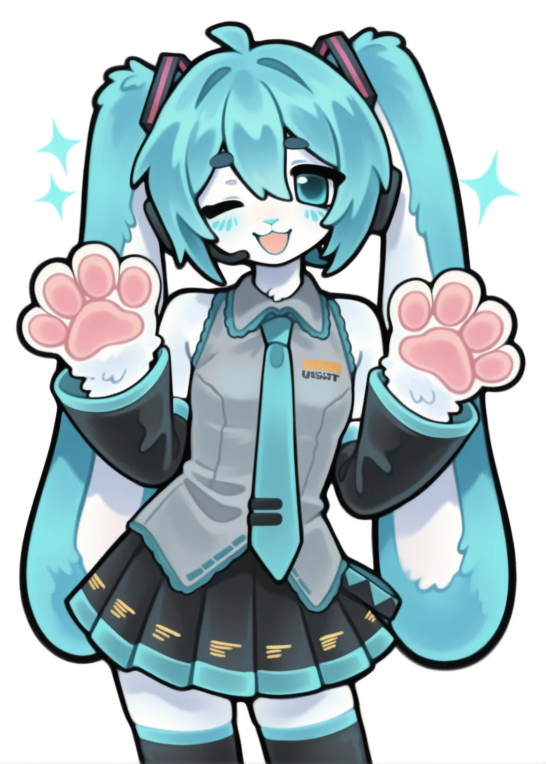 1girl, solo, hatsune miku, usamiku,
aqua eyes, necktie, grey shirt, shirt, detached sleeves, aqua hair, black sleeves, skirt, headset, collared shirt, pleated skirt, thighhighs, hair between eyes,
animal hands, white fur, rabbit ears,
:3, rabbit girl, animal nose, body fur, white fur,
furry female, furrification,
cowboy shot, one eye closed, zettai ryouiki, sparkle,
open mouth, smile, looking at viewer, looking at viewer, white background,
safe, newset, omufujoshi, black outline, thick outlines,
masterpiece, best quality, amazing quality