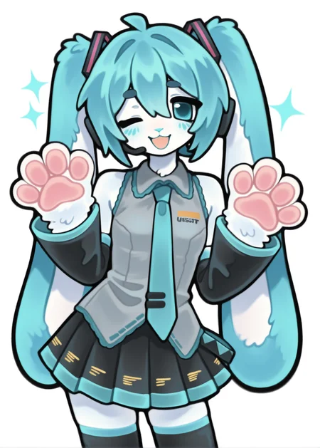 1girl, solo, hatsune miku, usamiku,
aqua eyes, necktie, grey shirt, shirt, detached sleeves, aqua hair, black sleeves, skirt, headset, collared shirt, pleated skirt, thighhighs, hair between eyes,
animal hands, white fur, rabbit ears,
:3, rabbit girl, animal nose, body fur, white fur,
furry female, furrification,
cowboy shot, one eye closed, zettai ryouiki, sparkle,
open mouth, smile, looking at viewer, looking at viewer, white background,
safe, newset, omufujoshi, black outline, thick outlines,
masterpiece, best quality, amazing quality
