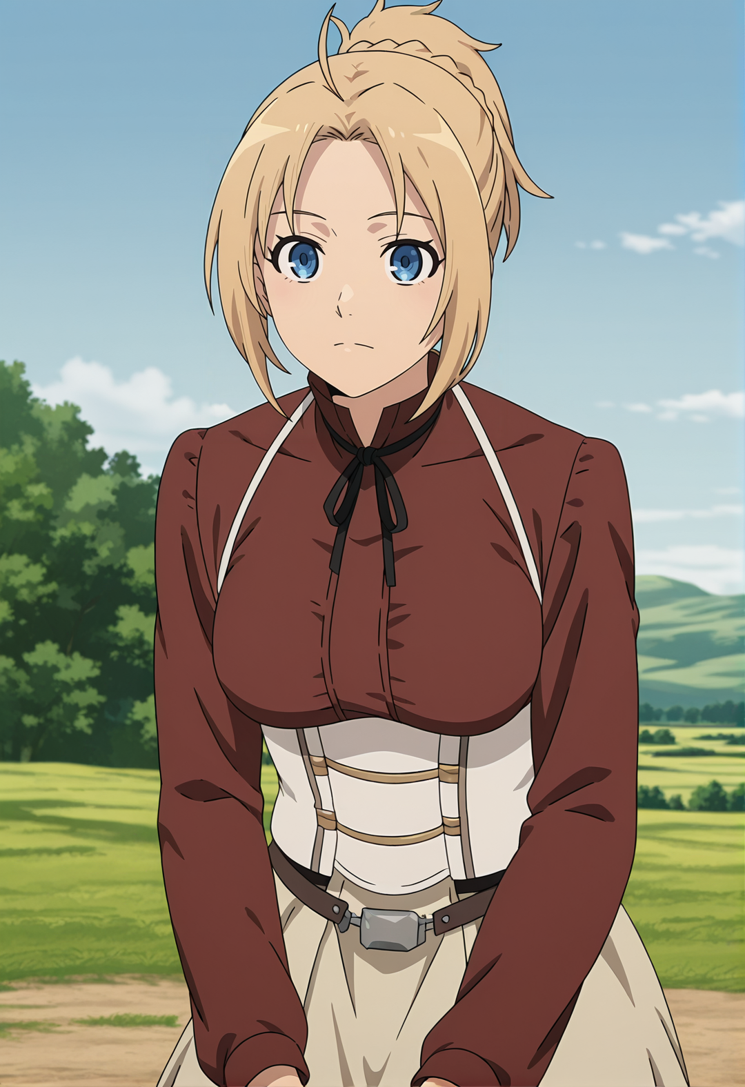 <lora:Zenith GREYRAT_illustrious-000048:1>,
Zenith GREYRAT,solo,closed mouth,outdoors,sky,dress,long sleeves,braid,breasts,anime screencap,red shirt