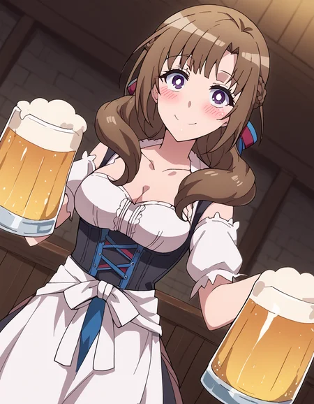 score_9, score_8_up, score_7_up, source_anime, mamakooosuki, <lora:mamako-oosuki-s1-ponyxl-lora-nochekaiser:1>, mamako oosuki, long hair, brown hair, purple eyes, hair ribbon, braid, bright pupils, french braid, white pupils,, <lora:dirndl-ponyxl-lora-nochekaiser:1>, dirndl, german clothes, beer mug, collarbone, cleavage, beer, underbust, waist apron,, indoors, bar, smile, blush,, cowboy shot, dutch angle, looking at viewer,