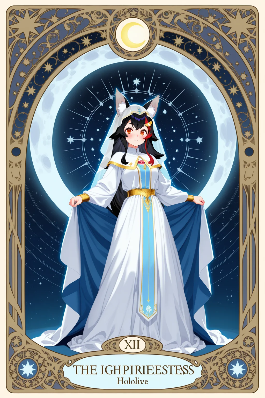 ookami mio,hololive,tarot card,the high priestess,mystical,arcane symbols,glowing moon,ornate robe,blue and silver color scheme,magical aura,long black hair,red eyes,seated pose,veil,crescent moon,ancient book,stars background,gothic,elegant,fantasy art,detailed illustration,symmetrical composition,art nouveau,alphonse mucha style,high detail,digital painting,tarot aesthetics,gold accents,