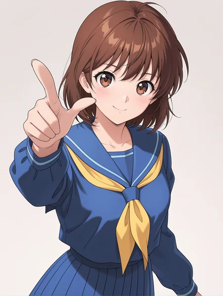 masterpiece,best quality,newest,
1girl,solo,
<lora:yukimura_keiko_ilxl_v1.1:1>,y_keiko,brown eyes,brown hair,short hair,
k_clothes,blue sailor suit,long_sleeves,yellow neckerchief,blue long skirt,
<lora:Fixhands_anime_bdsqlsz_V1:1>,looking_at_viewer,upper_body,face_focus,dynamic_angle,cinematic_angle,reaching,pointing,pov,smile,white_background,simple_background,blush,standing,blue shirt,