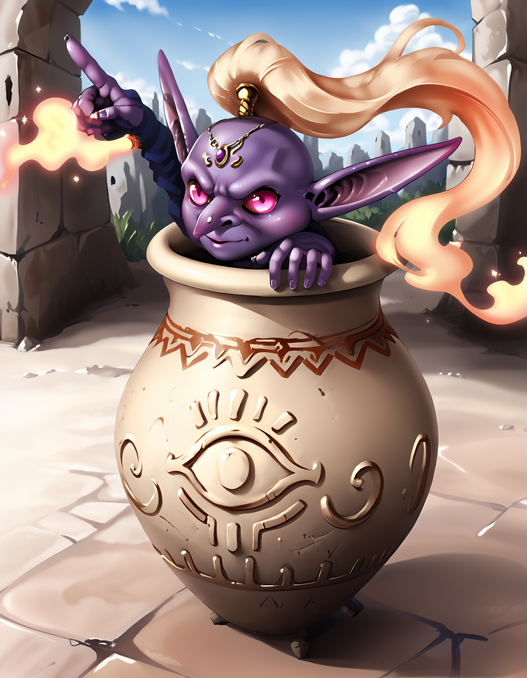 zPDXL3,masterpiece,extreme detailed,full_body,outdoors,dungeon,<lora:Pony_DetailV2.0:1>,day,
BREAK magicpot,no humans,pointy ears,colored skin,<lora:magicpot-pony:1>,magic fire,pointing,