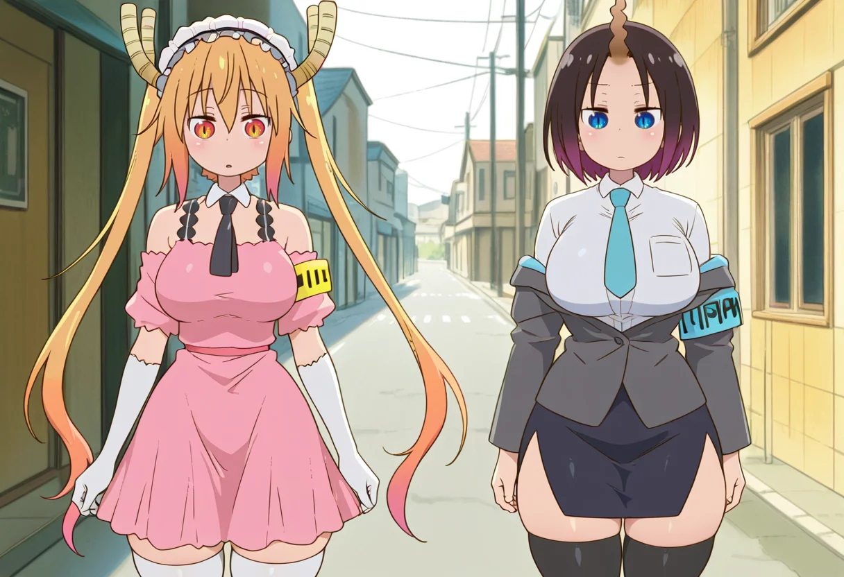 best quality, masterpiece, absurdres, tohru \(maidragon\), pink dress, black necktie, armband, thighhighs, 2girls, elma \(maidragon\), off shoulder jacket, shirt, outdoors, street, heart <lora:tohru_maidragon:1.4>