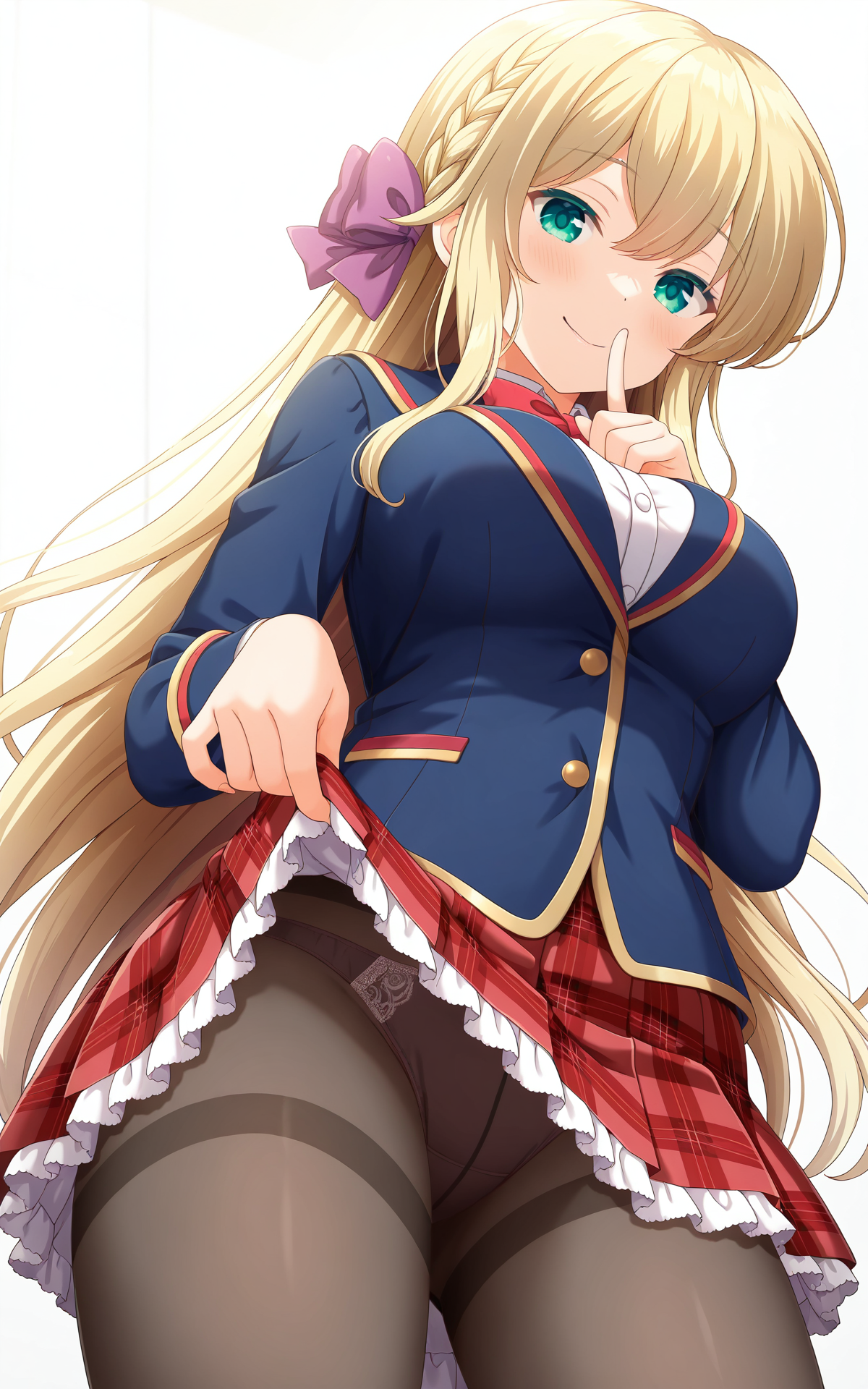 masterpiece, best quality, good quality, newest,4k, perfect lighting, cinematic, very aesthetic, official art, anime screencap, anime coloring,(((white background, simple background))),
1girl, solo, mochizuki erena,(blonde hair:1.2),brown hair,long hair,braid,hair bow,wearing hair bow only on the side,green eyes,large breasts,
seio school uniform,blue jacket,red bowtie,ed skirt,plaid skirt,frilled skirt,miniskirt,black pantyhose,panties under pantyhose,
facing viewer,looking at viewer,naughty face,standing,shushing,skirt lift,lifted by one hand,pantyshot,panties focus,from below,BREAK
<lora:ILerena:0.9>