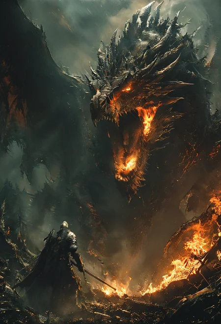 very dark focused flash photo, amazing quality, masterpiece, best quality, hyper detailed, ultra detailed, UHD, perfect anatomy, portrait, dof, hyper-realism, majestic, awesome, inspiring,Capture the thrilling showdown between the templar knight and the colossal malevolent Dragon in an epic battle amidst swirling dust and dirt, forest, mountains, lake, Embrace the action and chaos as these formidable forces clash in the heart of the woods. cinematic composition, soft shadows, national geographic style, (scary, horror, gore, blood, violence:1), (broken exploded trees), (shattered trees), (flame breathing dragon), (flaming inferno), (fallen pine trees:1.3),
,
<lora:zavy-cntrst-sdxl:0.45>,
<lora:extremely_detailed_SDXL:0.3> extremely detailed,
<lora:xl_more_art-full_v1:0.45>, <lora:XL_boss_battle:1.25> Bosstyle,
<lora:Dark_Novel:0.5>,
<lora:DarkLighting:0.6> dark theme, looking to the side, silhouette