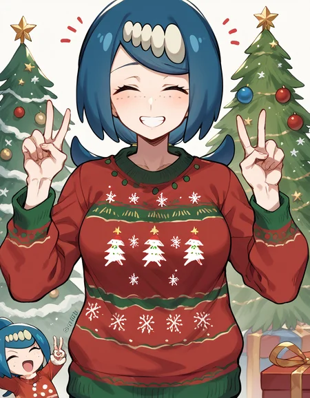 score_9, score_8_up, score_7_up, source_anime, <lora:pokemon-mother-lana-ponyxl-lora-nochekaiser:1> pokemonmotherlana, blue hair, freckles, hair ornament, long hair, swept bangs, bright pupils, medium breasts, <lora:christmas-sweater-ponyxl-lora-nochekaiser:1>, christmas sweater, christmas, ugly sweater, print sweater, red sweater, christmas tree, christmas ornaments, sweater, multicolored sweater, , v, smile, hands up, teeth, closed eyes, cowboy shot,