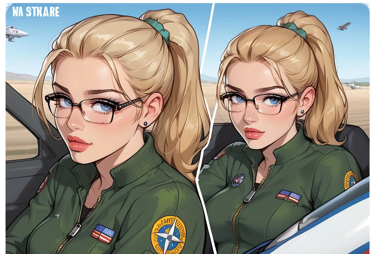 Blonde, ponytail, glasses, small boobs, Dr00l, Jabstyle, sexy fight pilot outfit, pinup_style, propaganda poster, ww2 poster, in cockpit, flying fight plane, posing with fighter plane, unzipped
