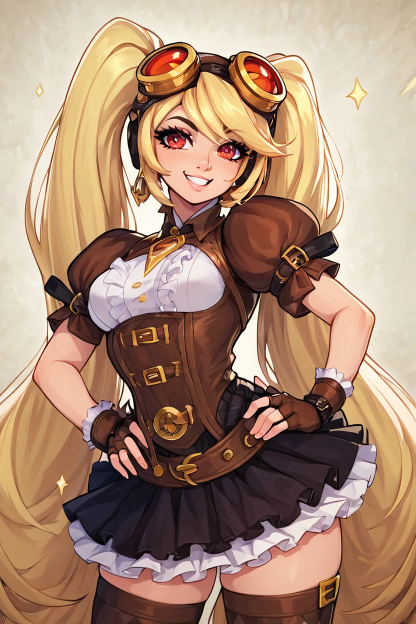 score_9, score_8_up, score_8, medium breasts,(curvy), cute, eyelashes, BREAK, , ,,, <lora:Layla_ML_PDXL_v2:0.8>, zzLayla, solo, 1girl, twintails, blonde, blonde hair, long hair, very long hair, red eyes, goggles, goggles on head, gloves, thighhighs, skirt, short sleeves, fingerless gloves, puffy sleeves, brown gloves, puffy short sleeves, , ,,, <lora:Afrobull_PDXL_v5:0.8>, ,,,, BREAK, smile, looking at viewer, hip to the side, hand on hip, contrapposto, embedding:zPDXL, Expressiveh, <lora:SDXLFaeTastic2400:0.5>, <lora:Expressive_H-000001:0.4>,