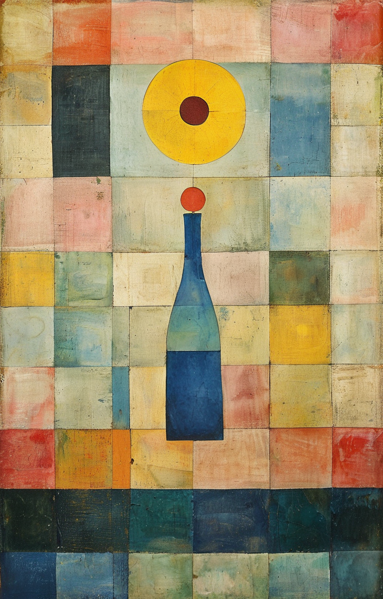 masterpiece,best quality,<lora:tbh325-sdxl:0.9>,illustration,style of Paul Klee, A bottle of perfume in garden