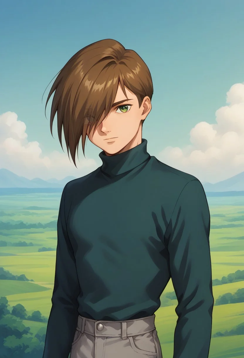 score_9, score_8_up, score_7_up, source_anime, highly detailed,
trowa, 1boy, solo, male focus, hair over one eye, brown hair, long sleeves, turtleneck, green eyes, pants, sweater, looking at viewer, black shirt,
pants, grey pants, upper body,
outdoor, sky,