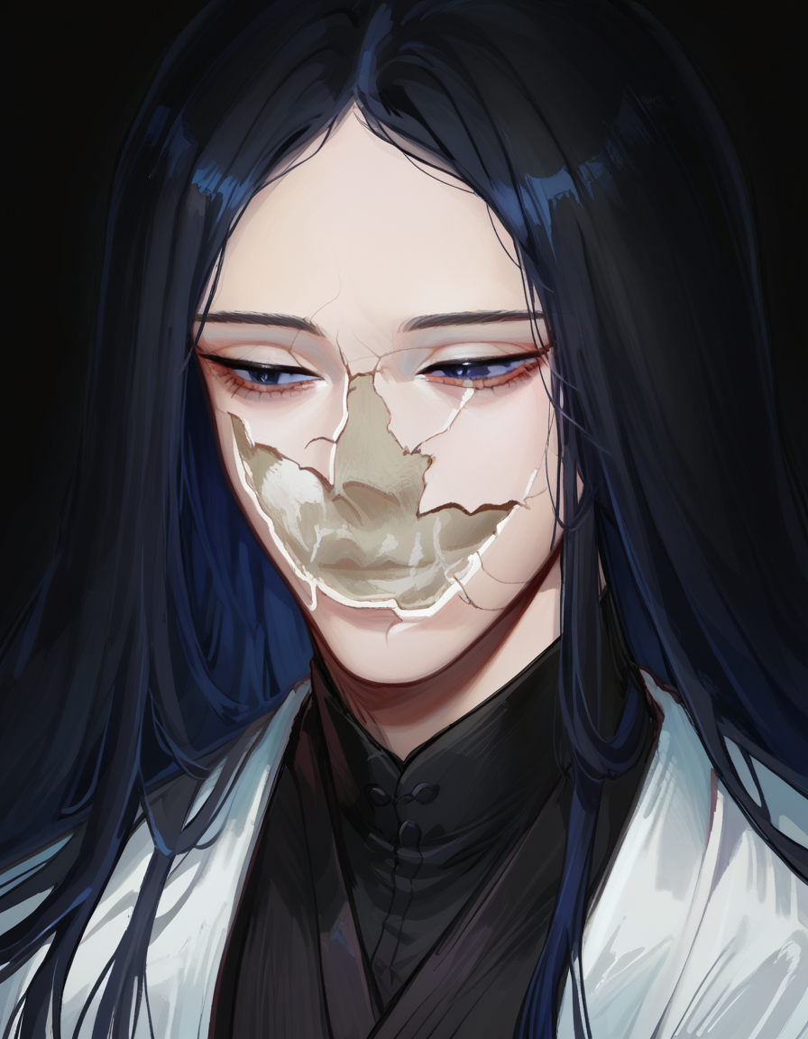 score_9, score_8_up, score_7_up, source_anime, upper body, solo, black background, 1boy, CoverMadrabyNewDad, <lora:CoverMadrabyNewDad:1>,  unohana_tybw, blue eyes, very long hair, straight hair, black hair, narrowed eyes, half-closed eyes, black kimono dress, white coat, white obi,  <lora:Unohana_RetsuDwnstyv2:1>