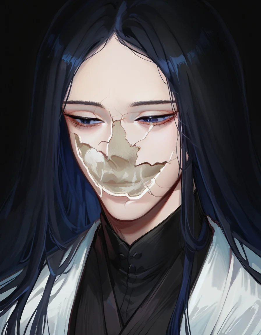 score_9, score_8_up, score_7_up, source_anime, upper body, solo, black background, 1boy, CoverMadrabyNewDad, <lora:CoverMadrabyNewDad:1>, unohana_tybw, blue eyes, very long hair, straight hair, black hair, narrowed eyes, half-closed eyes, black kimono dress, white coat, white obi, <lora:Unohana_RetsuDwnstyv2:1>