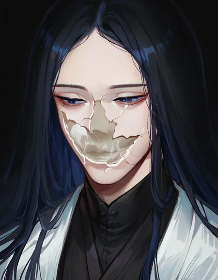 score_9, score_8_up, score_7_up, source_anime, upper body, solo, black background, 1boy, CoverMadrabyNewDad, <lora:CoverMadrabyNewDad:1>, unohana_tybw, blue eyes, very long hair, straight hair, black hair, narrowed eyes, half-closed eyes, black kimono dress, white coat, white obi, <lora:Unohana_RetsuDwnstyv2:1>
