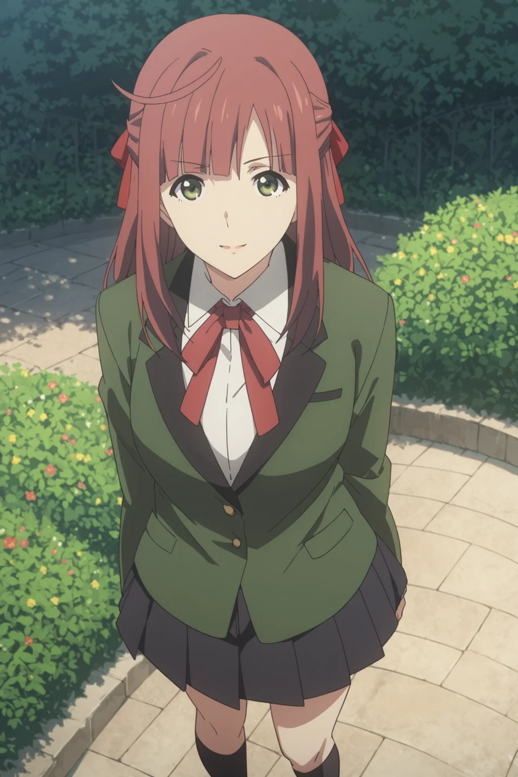 homura suzuko, long hair, red hair, green eyes, hair ribbon, school uniform, red bowtie, white shirt, (jacket:1.5), green jacket, black skirt, pleated skirt, black kneehighs, loafers, <lora:homura_suzuko:0.7>, score_9, score_8_up, score_7_up, score_6_up, score_5_up, source_anime, rating_safe, outdoors, flower garden, 1girl, solo, looking at viewer, <lora:age_slider_v4:3>,