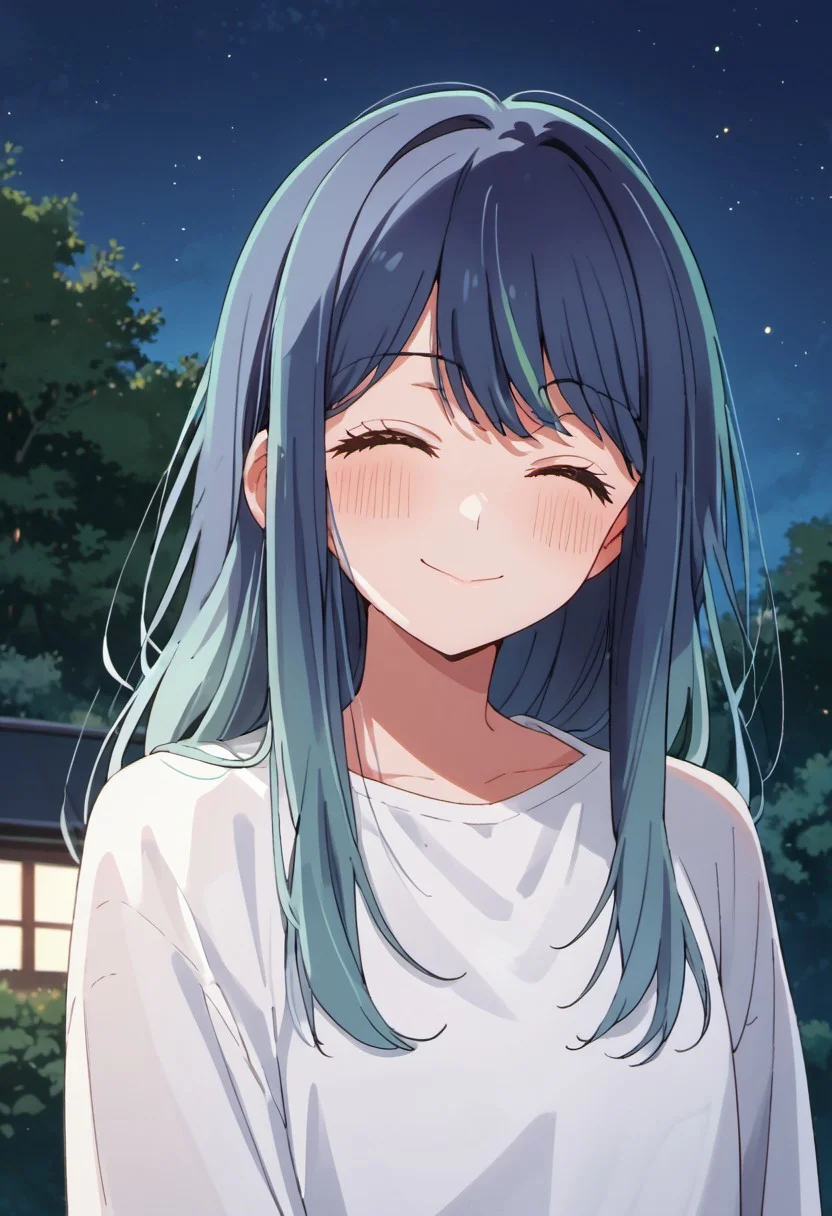 score_9, score_8_up, score_7_up, source_anime, kurokawa akane, blue hair, long hair, blue green eyes, 1girl, closed eyes, solo, smile, blush, night, green hair, ^ ^, shirt, closed mouth, white shirt