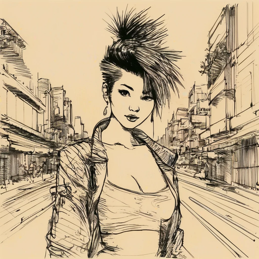 body drawing of a (punk girl:1.4) at (streets of tokyo:1.5) at midnight in style of <lora:skrmk05:3>, pen, ink, pencil, sketch, line art drawing . professional, sleek, modern, minimalist, graphic, line art, vector graphics, breathtaking . award-winning, professional, highly detailed