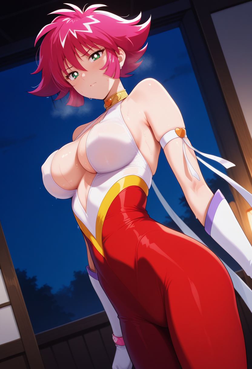 masterpiece,best quality,amazing quality,<lora:Cutie_Honey-Cutie_Honey_F.v2:1>,Hyper Honey,
sweat,steam,cowboy shot,dutch angle,looking at viewer,indoors,night,dark,