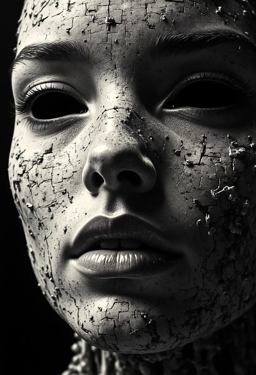 An ultra close-up portrait of a woman’s face, filling the entire frame, leaving no visible background. Her skin is not smooth, but formed entirely from thousands of tiny, overlapping fingers, seamlessly interwoven to shape the contours of her features—cheeks, brow, nose, and jawline. Each hand is static, frozen in place, its fine details crisp and tangible, with visible creases, knuckles, and fingernails. Her eyes are not traditional eyes but two hollow, dark voids, framed by open fingers curled inward, mimicking the shape of eye sockets. The depth inside these voids is infinite, absorbing light rather than reflecting it, making them appear hauntingly empty yet impossibly deep. Her lips are formed by tightly interlocked fingers, positioned in a way that mimics a mouth, yet their rigid stillness makes them unsettlingly unnatural. The illusion of human softness is lost, replaced by the uncanny texture of layered skin and fingernails. The mouth does not open, nor do the fingers move—only the eerie symmetry and unnatural formation of the face hint at something beyond human. The fingers composing her face are not chaotic, but deliberately placed, each one fused into a perfect, unnerving pattern that creates the illusion of organic facial structure. Their textures vary, some smooth and youthful, others rough and calloused, creating an unsettling contrast in detail. The edges of her face fade into a dark void.
