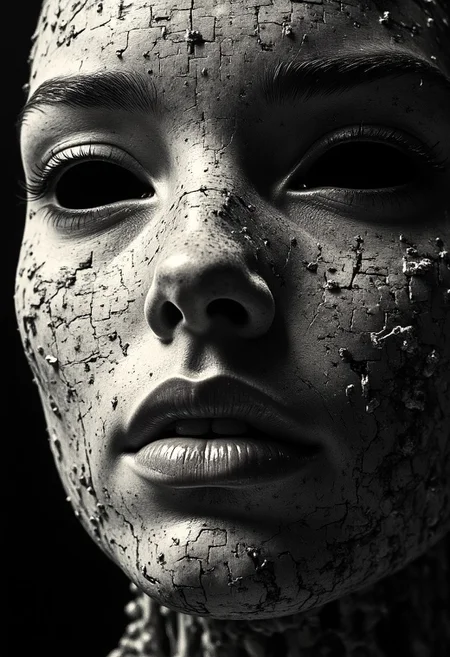 An ultra close-up portrait of a woman’s face, filling the entire frame, leaving no visible background. Her skin is not smooth, but formed entirely from thousands of tiny, overlapping fingers, seamlessly interwoven to shape the contours of her features—cheeks, brow, nose, and jawline. Each hand is static, frozen in place, its fine details crisp and tangible, with visible creases, knuckles, and fingernails. Her eyes are not traditional eyes but two hollow, dark voids, framed by open fingers curled inward, mimicking the shape of eye sockets. The depth inside these voids is infinite, absorbing light rather than reflecting it, making them appear hauntingly empty yet impossibly deep. Her lips are formed by tightly interlocked fingers, positioned in a way that mimics a mouth, yet their rigid stillness makes them unsettlingly unnatural. The illusion of human softness is lost, replaced by the uncanny texture of layered skin and fingernails. The mouth does not open, nor do the fingers move—only the eerie symmetry and unnatural formation of the face hint at something beyond human. The fingers composing her face are not chaotic, but deliberately placed, each one fused into a perfect, unnerving pattern that creates the illusion of organic facial structure. Their textures vary, some smooth and youthful, others rough and calloused, creating an unsettling contrast in detail. The edges of her face fade into a dark void.