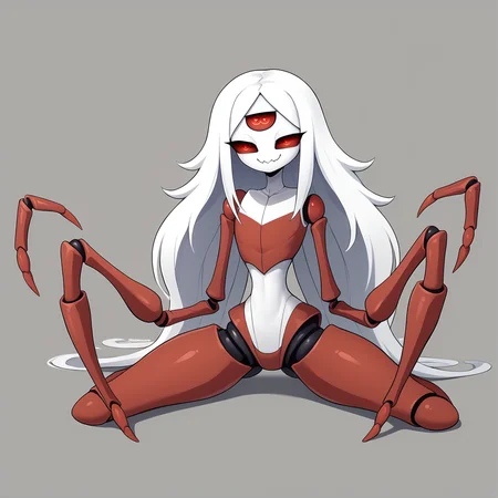 1hr9y9, <lora:1hr9y9-10:1.0>, narrow waist, spread legs, long hair,  smug, extra eyes, arthropod limbs,