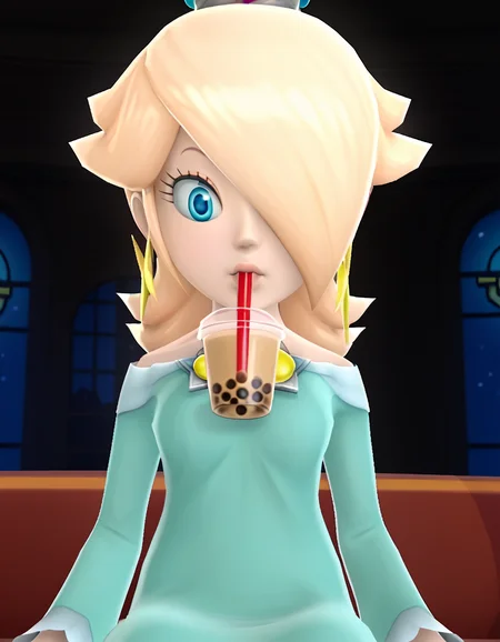 score_9, score_8_up, score_7_up, source_anime, <lora:rosalina-super-mario-galaxy-ingame-ponyxl-lora-nochekaiser:1>, rosalina, blonde hair, blue eyes, hair over one eye, long hair, 3d, <lora:bubble-tea-challenge-ponyxl-lora-nochekaiser:1>, bubble tea challenge, bubble tea, object on breast, drinking straw, drinking straw in mouth, drinking, cup,, indoors, sitting, looking down, , cowboy shot, dutch angle