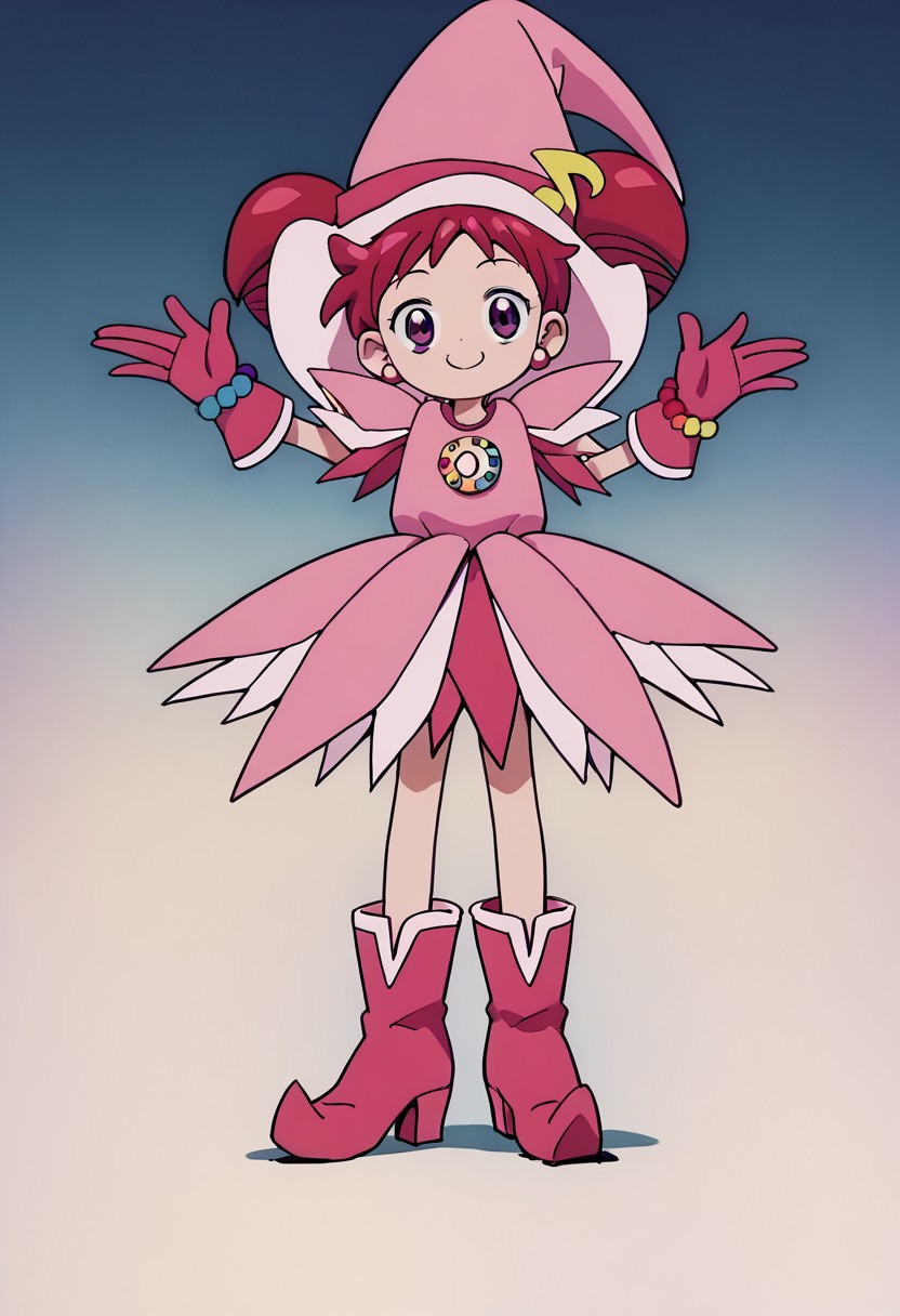 score_9, score_8_up, score_7_up BREAK Doremi2, 1girl, short red hair, purple eyes, fuchsia pearl earrings, odango pigtails on top of pink witch hat, fuchsia hat band with yellow musical note, layered short-sleeve pink dress, rainbow pearl circle chest badge, fuchsia gloves, fuchsia white boots, rainbow pearl wristband, full body, smiling at viewer,
