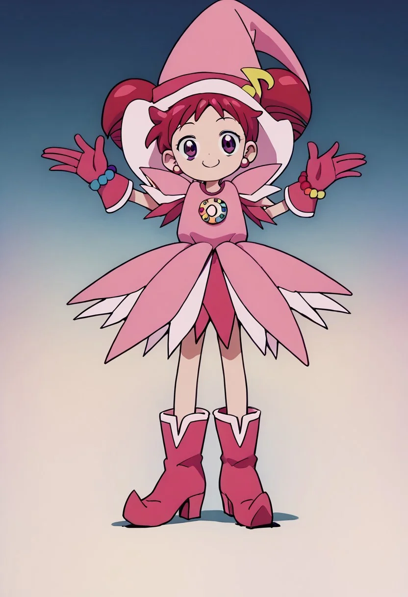 score_9, score_8_up, score_7_up BREAK Doremi2, 1girl, short red hair, purple eyes, fuchsia pearl earrings, odango pigtails on top of pink witch hat, fuchsia hat band with yellow musical note, layered short-sleeve pink dress, rainbow pearl circle chest badge, fuchsia gloves, fuchsia white boots, rainbow pearl wristband, full body, smiling at viewer,