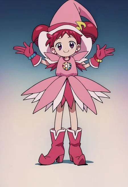 score_9, score_8_up, score_7_up BREAK Doremi2, 1girl, short red hair, purple eyes, fuchsia pearl earrings, odango pigtails on top of pink witch hat, fuchsia hat band with yellow musical note, layered short-sleeve pink dress, rainbow pearl circle chest badge, fuchsia gloves, fuchsia white boots, rainbow pearl wristband, full body, smiling at viewer,