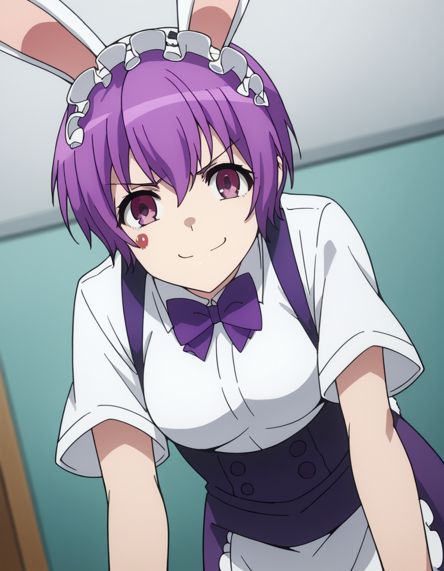 score_9, score_8_up, score_7_up, source_anime, <lora:naruha-sakuragi-acc1-ponyxl-lora-nochekaiser:1>, naruha sakuragi, short hair, purple eyes, purple hair,, shirt, bow, tail, short sleeves, bowtie, maid headdress, rabbit tail,, indoors, bent over, smile, smug, looking at viewer, solo,, cowboy shot, dutch angle