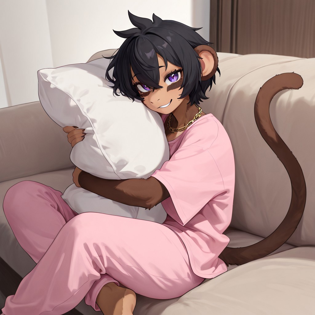 masterpiece, best quality, newest, absurdres, highres, furry, perfect anatomy, MewMewM,1girl,solo,furry,furry female,short hair,black hair,hair between eye,animal ears,purple eyes,necklace,body fur, brown fur,monkey tail, pink shirt, oversized shirt, pajama pants, living room, couch, hugging pillow, arms around pillow, legs crossed, looking at viewer, happy, smiling,