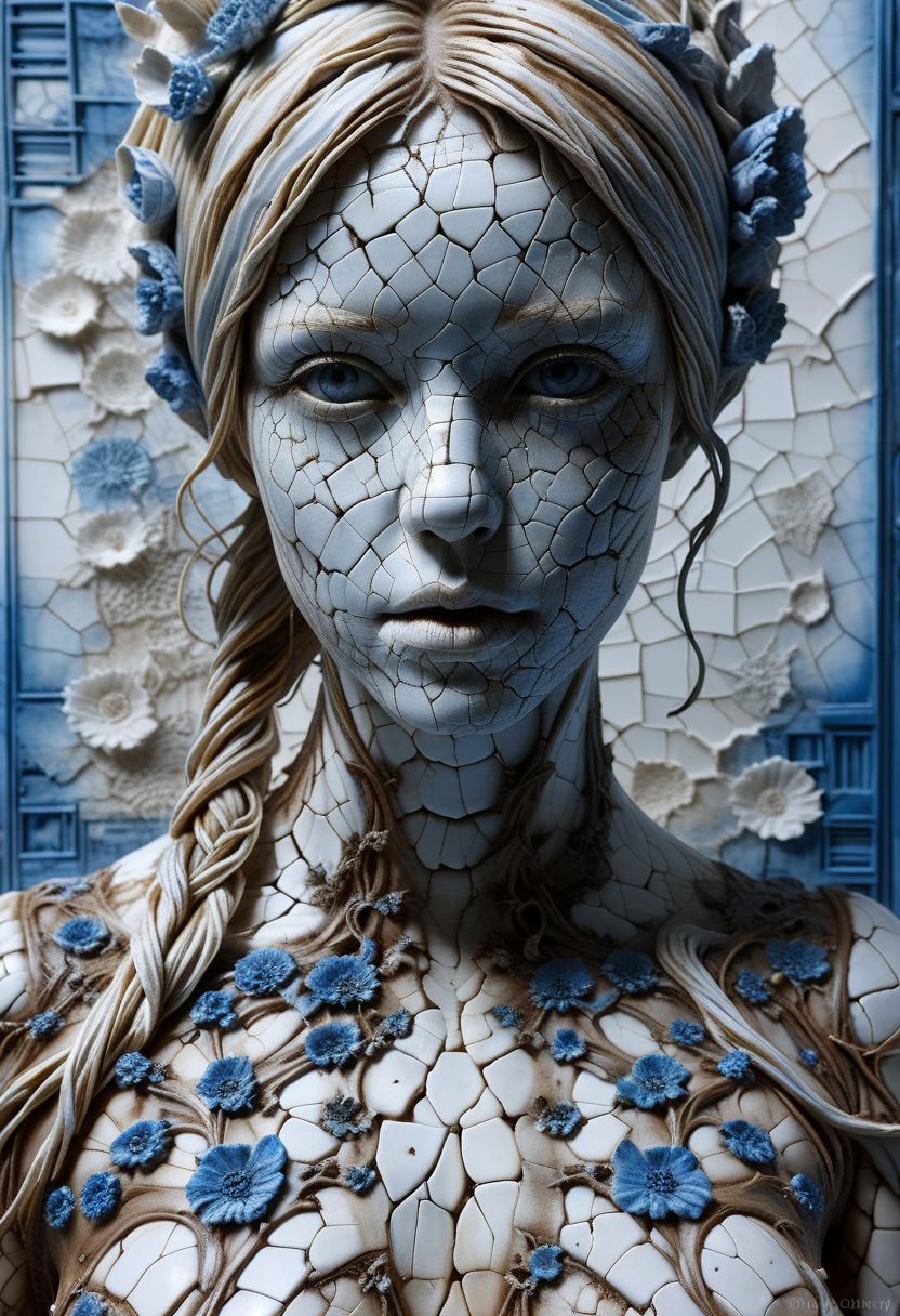Close-up porcelain face, mysterious silhouette of a porcelain woman in worn down porcelain clothing, white and blue porcelain, alluring goddess, by Minjae Lee, Carne Griffiths, Emily Kell, Steve McCurry, Geoffroy Thoorens, Aaron Horkey, Jordan Grimmer, Greg Rutkowski, amazing depth, double exposure, surreal, geometric patterns, intricately detailed, bokeh,  perfect balanced, deep fine borders, artistic photorealism , smooth,  great masterwork by Suiras  <lora:add-detail-xl:2>  <lora:Double_Exposure:0.5>