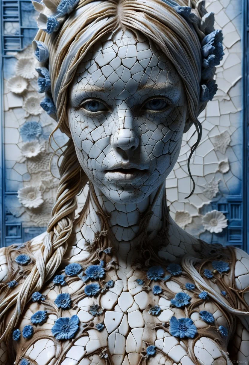 Close-up porcelain face, mysterious silhouette of a porcelain woman in worn down porcelain clothing, white and blue porcelain, alluring goddess, by Minjae Lee, Carne Griffiths, Emily Kell, Steve McCurry, Geoffroy Thoorens, Aaron Horkey, Jordan Grimmer, Greg Rutkowski, amazing depth, double exposure, surreal, geometric patterns, intricately detailed, bokeh,  perfect balanced, deep fine borders, artistic photorealism , smooth,  great masterwork by Suiras  <lora:add-detail-xl:2>  <lora:Double_Exposure:0.5>