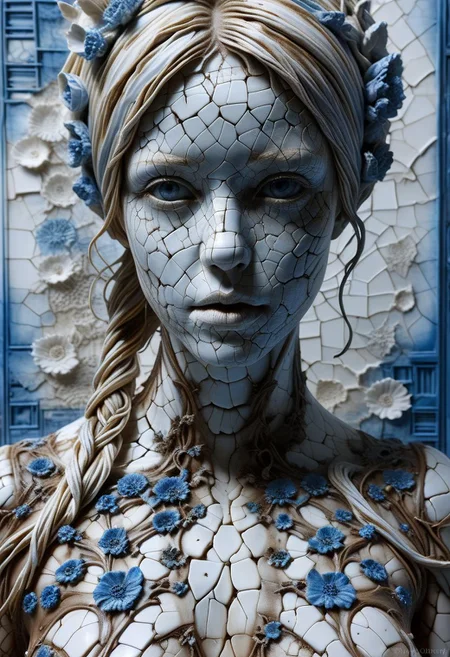 Close-up porcelain face, mysterious silhouette of a porcelain woman in worn down porcelain clothing, white and blue porcelain, alluring goddess, by Minjae Lee, Carne Griffiths, Emily Kell, Steve McCurry, Geoffroy Thoorens, Aaron Horkey, Jordan Grimmer, Greg Rutkowski, amazing depth, double exposure, surreal, geometric patterns, intricately detailed, bokeh, perfect balanced, deep fine borders, artistic photorealism , smooth, great masterwork by Suiras <lora:add-detail-xl:2> <lora:Double_Exposure:0.5>