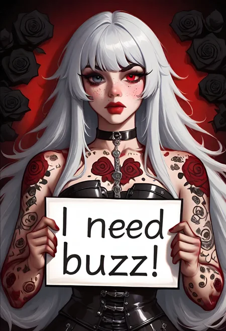 artist:moriimee, Heterochromia, left eye red color, right eye blue color, black corset, black rose tattoos on arms, black choker, straight silver long hair, holding a sign in arms, need_buzz