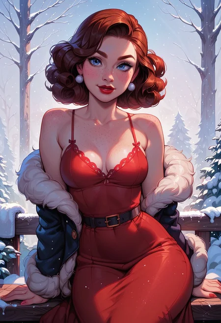 (score_9, score_8_up, score_7_up, score_6_up, score_5_up, score_4_up), source_cartoon, (high quality), (high resolution), 4k, perfect face, 1girl, (Mary Poppins), detailed face, young woman, long brown hair, blue eyes, freckles, pale skin, slender body, wide hips, beautiful, adult, pose, sexy, (wearing a lacy red dress and winter coat), red lipstick, sitting on a bench, snowfall, winter scene