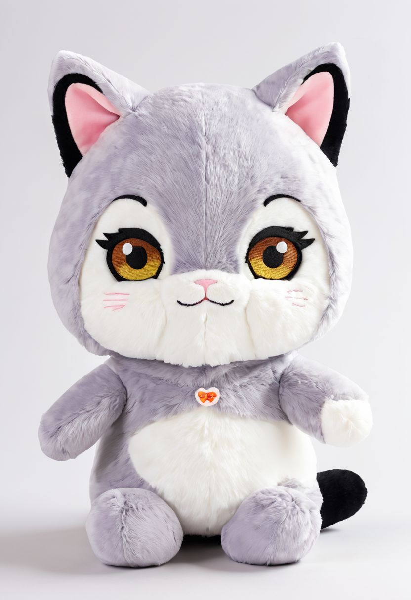 score_9, score_8_up, score_7_up, score_6_up, score_5_up, score_4_up  <lora:woafu_plushify_sdxl_v02:1> single, plushify, character stuffed toy, chibi, adorable cat, extremely detailed, realistic, simple background, fluffy, 8k, masterpiece,